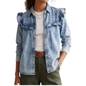 Free People Samantha Ruffled Women’s Acid Wash Denim Button Down Shirt - Medium